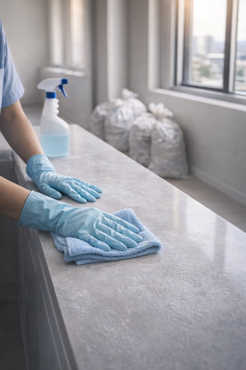 Professional cleaner wiping down surfaces inside a freshly renovated apartment, after-builder clean in Canberra
