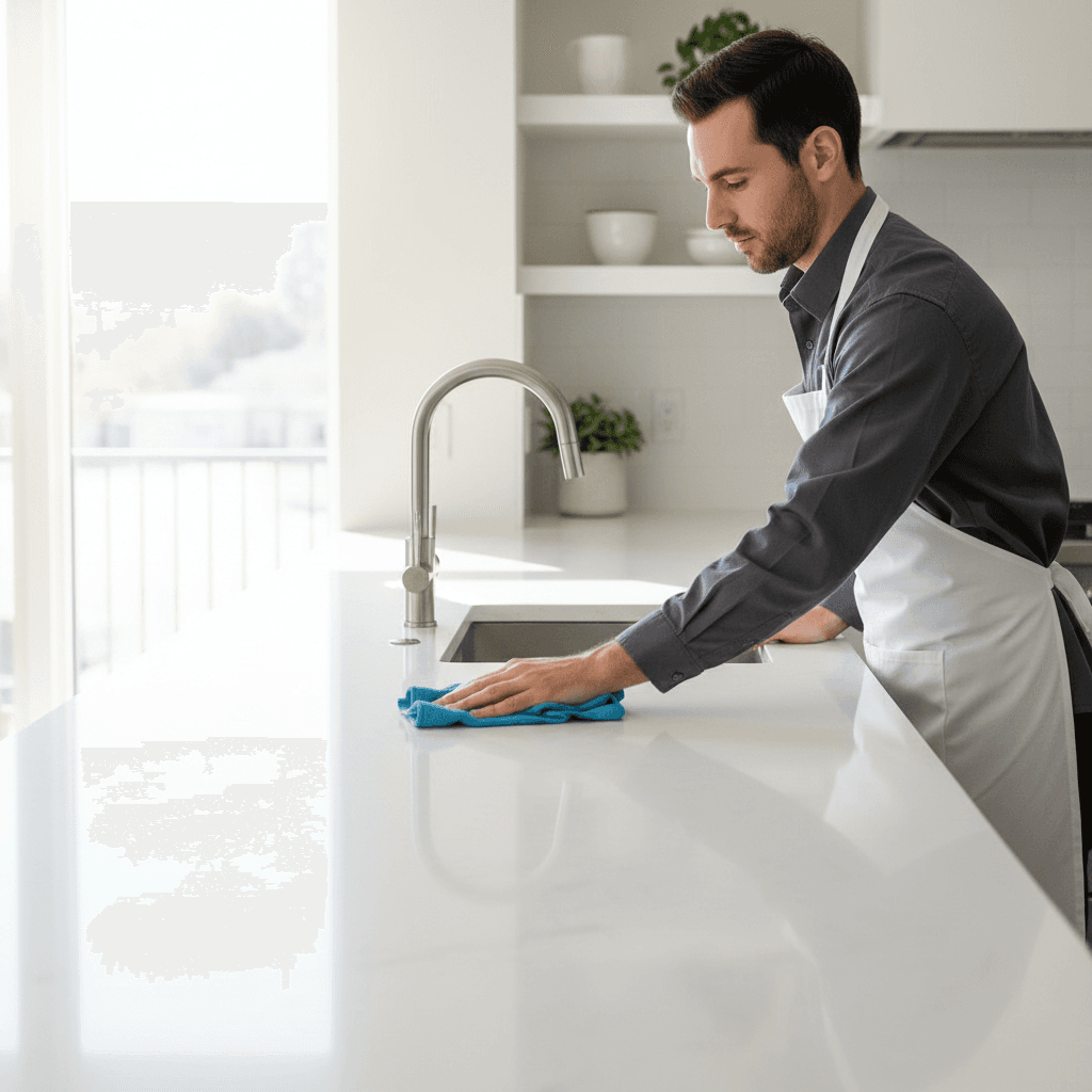 Professional cleaner cleaning modern kitchen