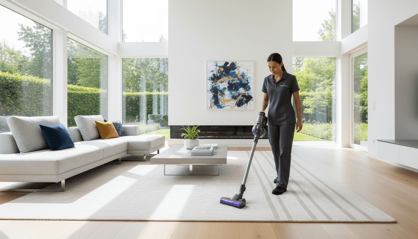 Professional cleaner vacuuming a living room carpet in a bright modern home