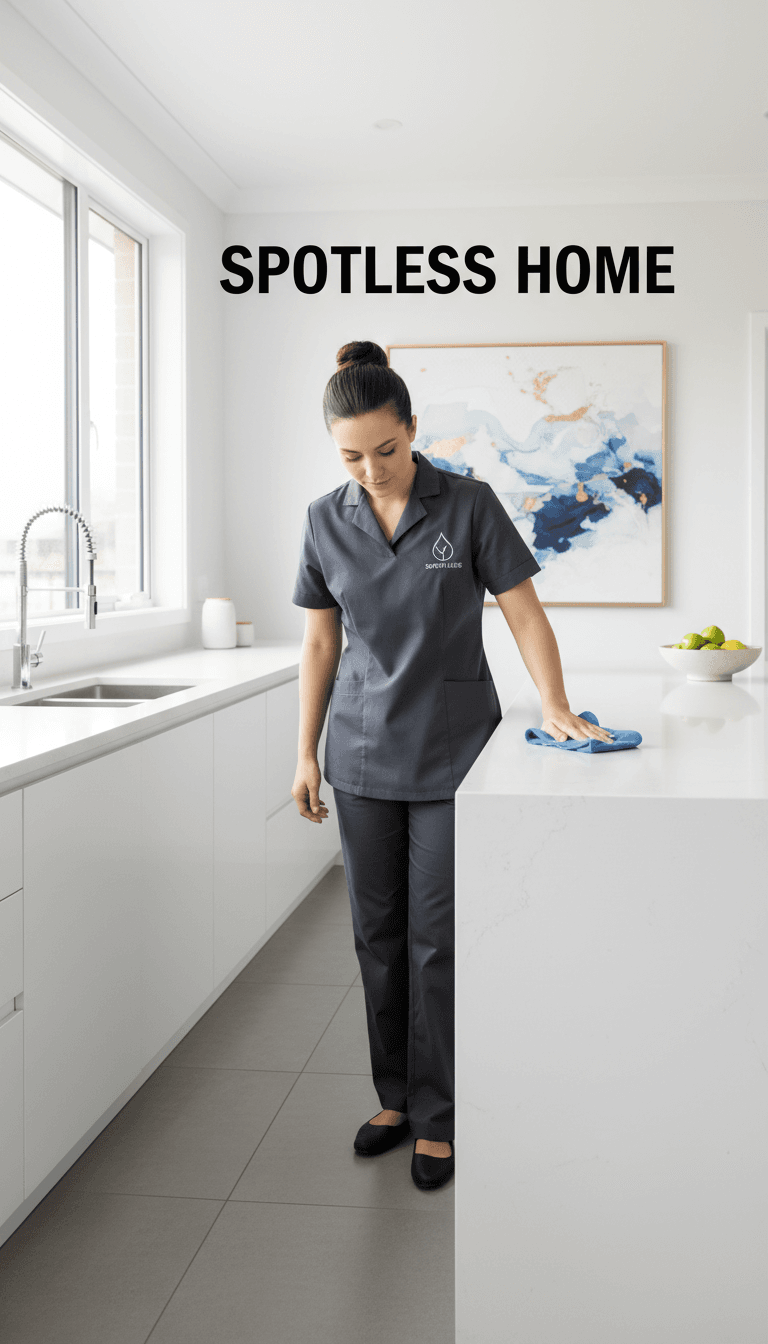 ACT Cleaning by Demand professional cleaner working in a bright modern kitchen