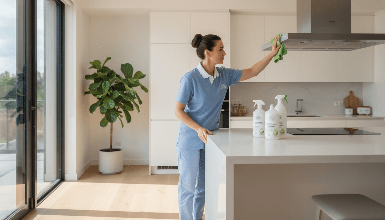 Professional cleaner in uniform thoroughly cleaning a modern residential kitchen with microfiber cloth