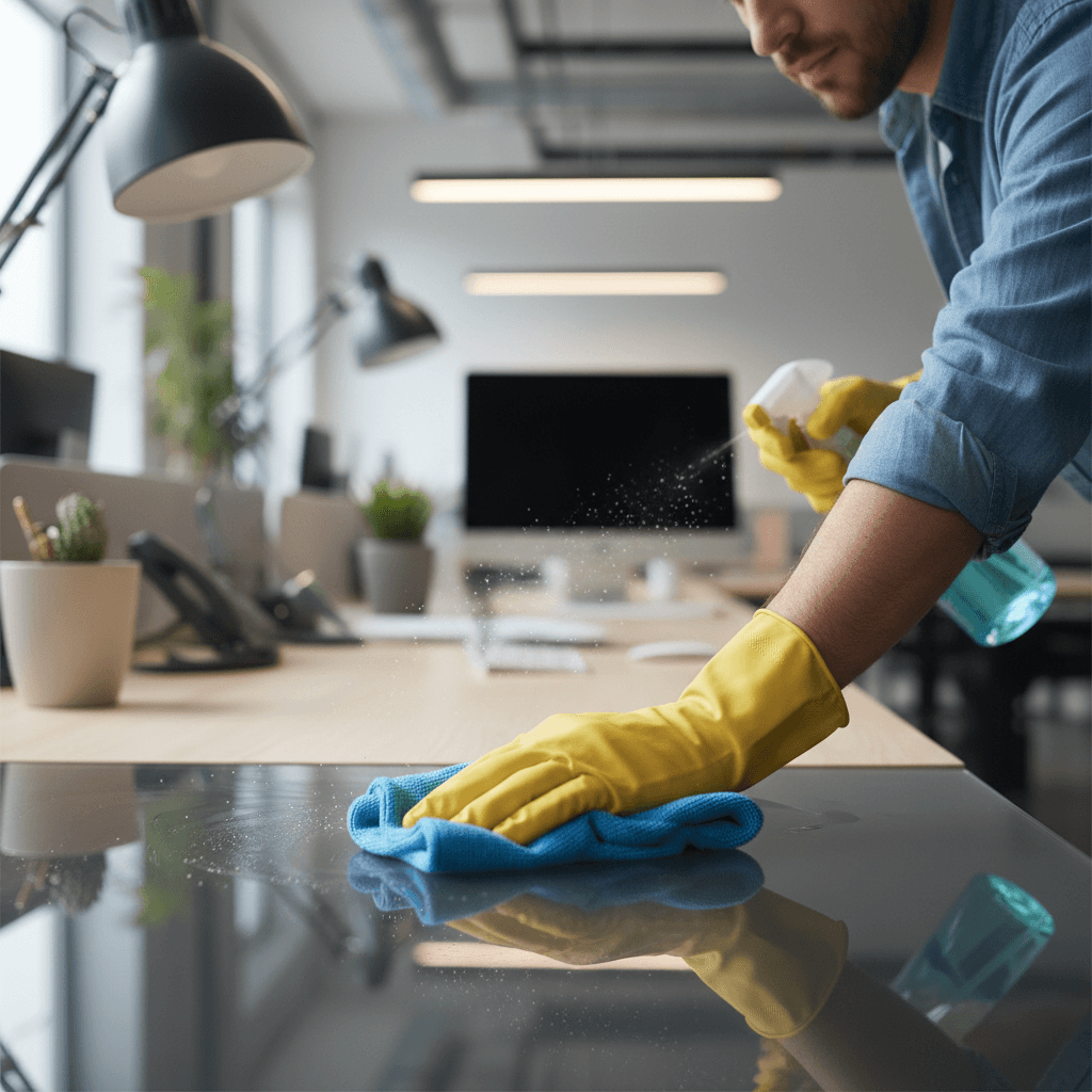 Professional office cleaner at work